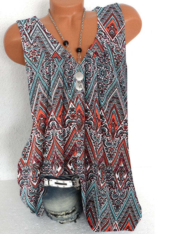 Women Sleeveless V-neck Printed Stitching Top Dress