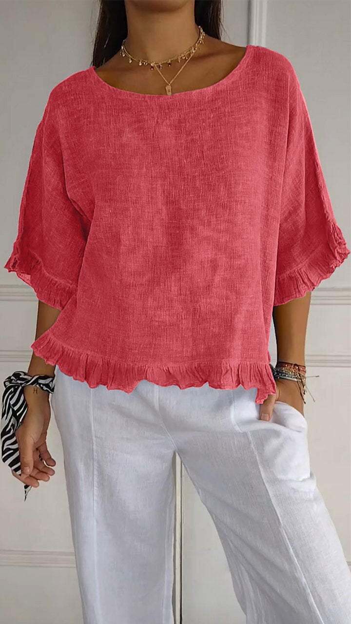 New women's Round Neck Ruffled Hem Mid-sleeve Cotton and Linen Tops