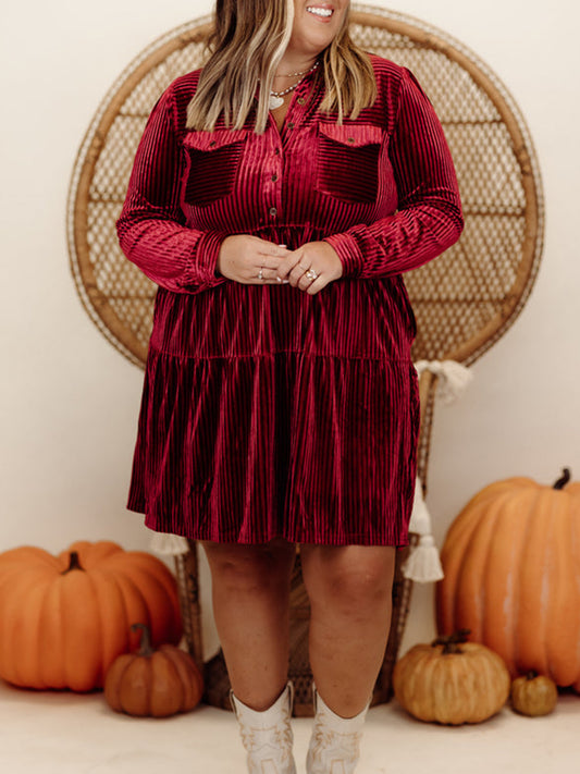 Velvet Textured Collared Button Down Dress