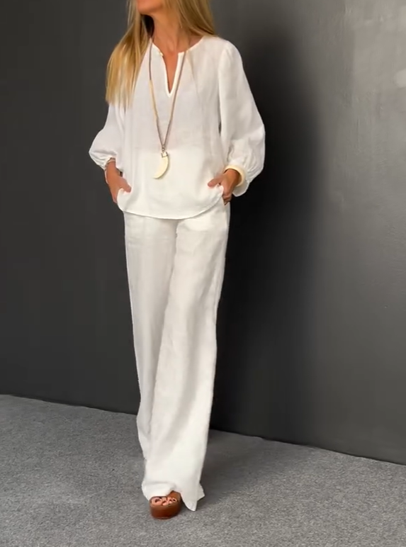 New Arrivals Women's Linen Long Sleeve V-Neck Set (Top + Pants)