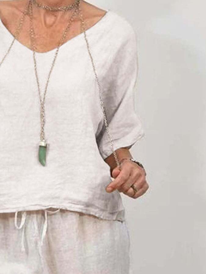 Women's Casual Linen V-Neck Half-Sleeve Pullover + Pants Two-Piece Set