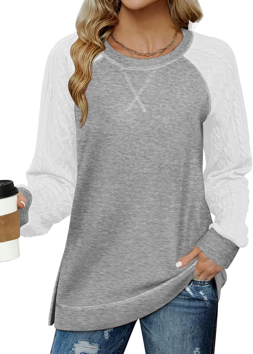 Womens Lightweight Cable Knit Sleeve Shirts Trendy Fall Tunic Tops