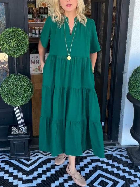 V-Neck Tiered Midi Dress with Pockets