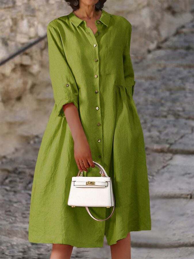 Cotton Linen Solid Color Lapel Button Pocket Dress