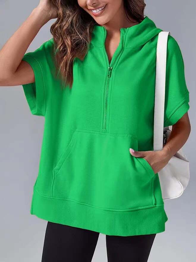 Oversized Casual Half Zip Short Sleeve Pullover Tops with Pockets(Buy 2 Free Shipping)