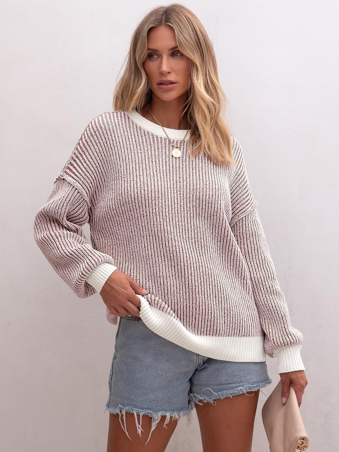 Womens Sweaters Crewneck Long Sleeve Color Block Pullover Loose Ribbed Knit Sweater Tops 2024 Fall Trendy Outfits