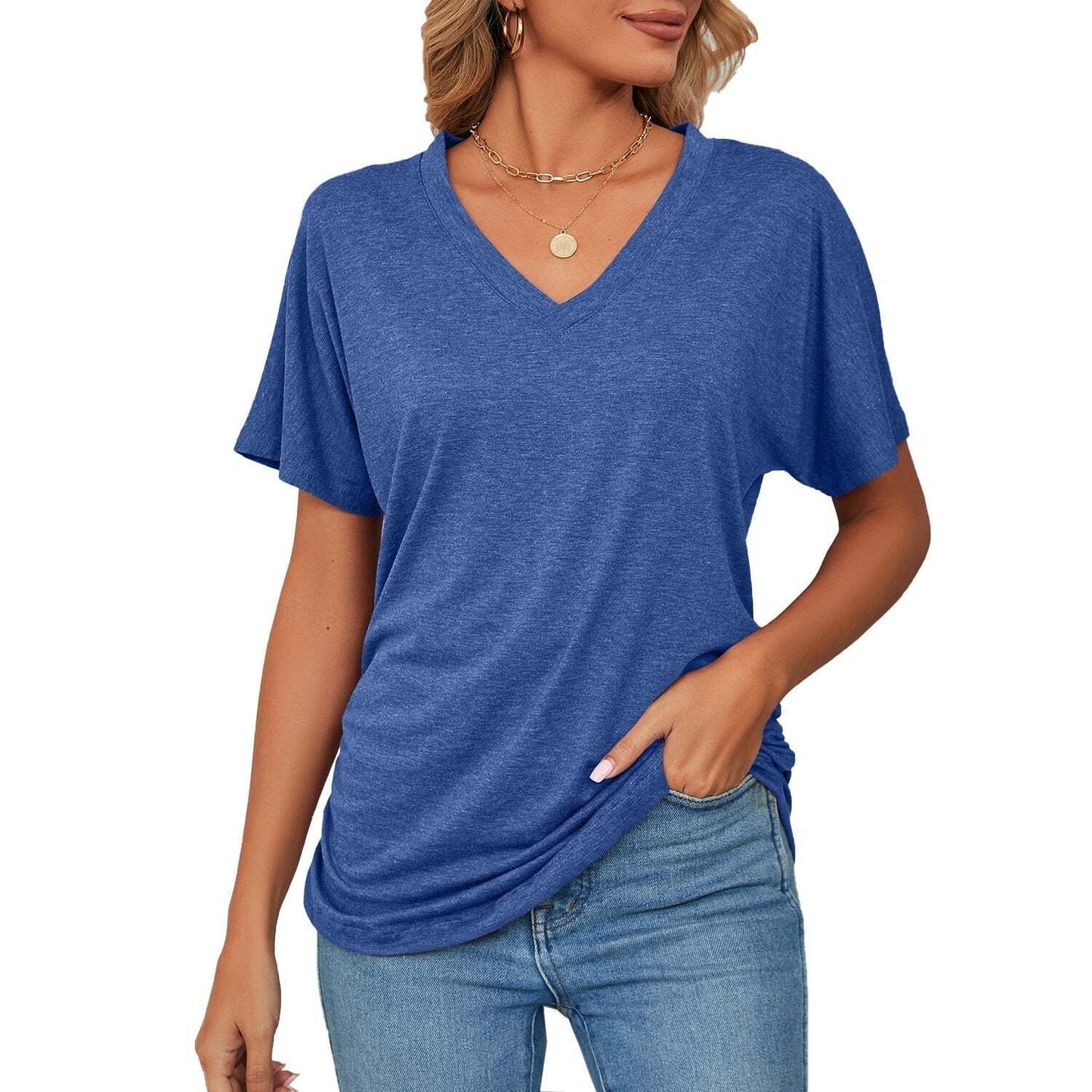 New Women's Solid Color V Neck Casual Tops