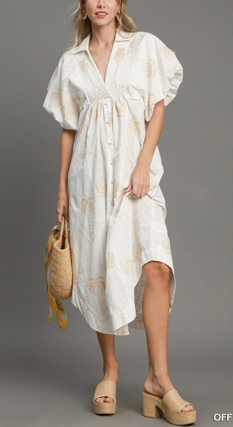 2025 Oversized Textured V-Neck Palm Tree Print Dress