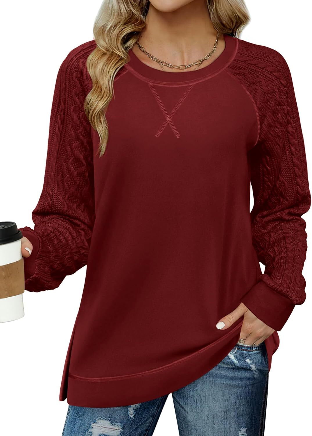 Womens  Lightweight Cable Knit Sleeve Shirts Trendy Fall Tunic Tops