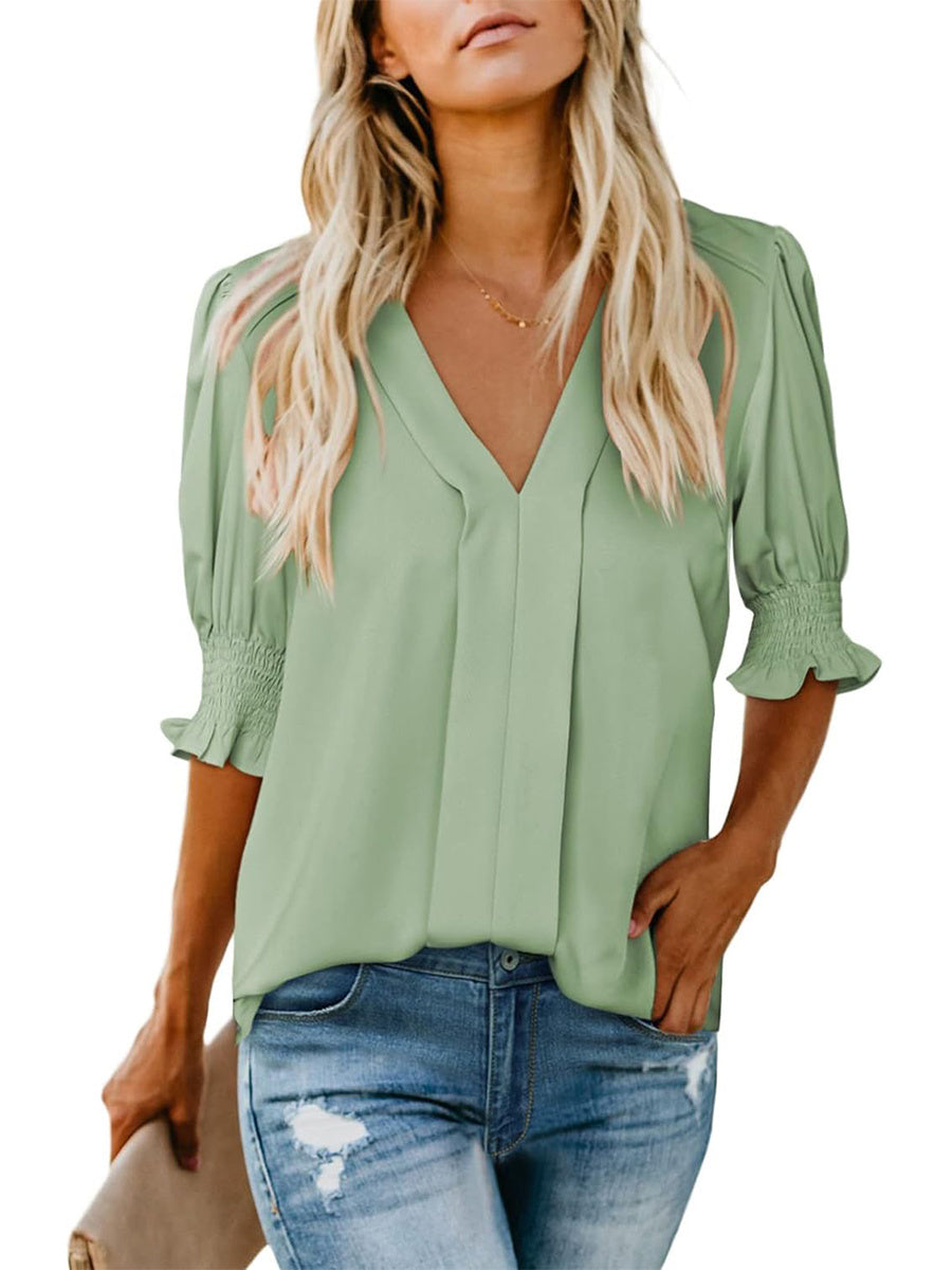 Women's V Neck Dressy Puff Ruffle Blouse Casua Short Sleeve Tops