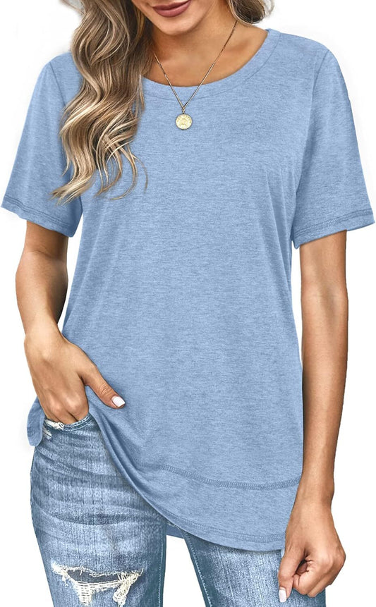 Womens Tops Short Sleeve Summer T-shirts Curved Hem Casual Fashion Shirts