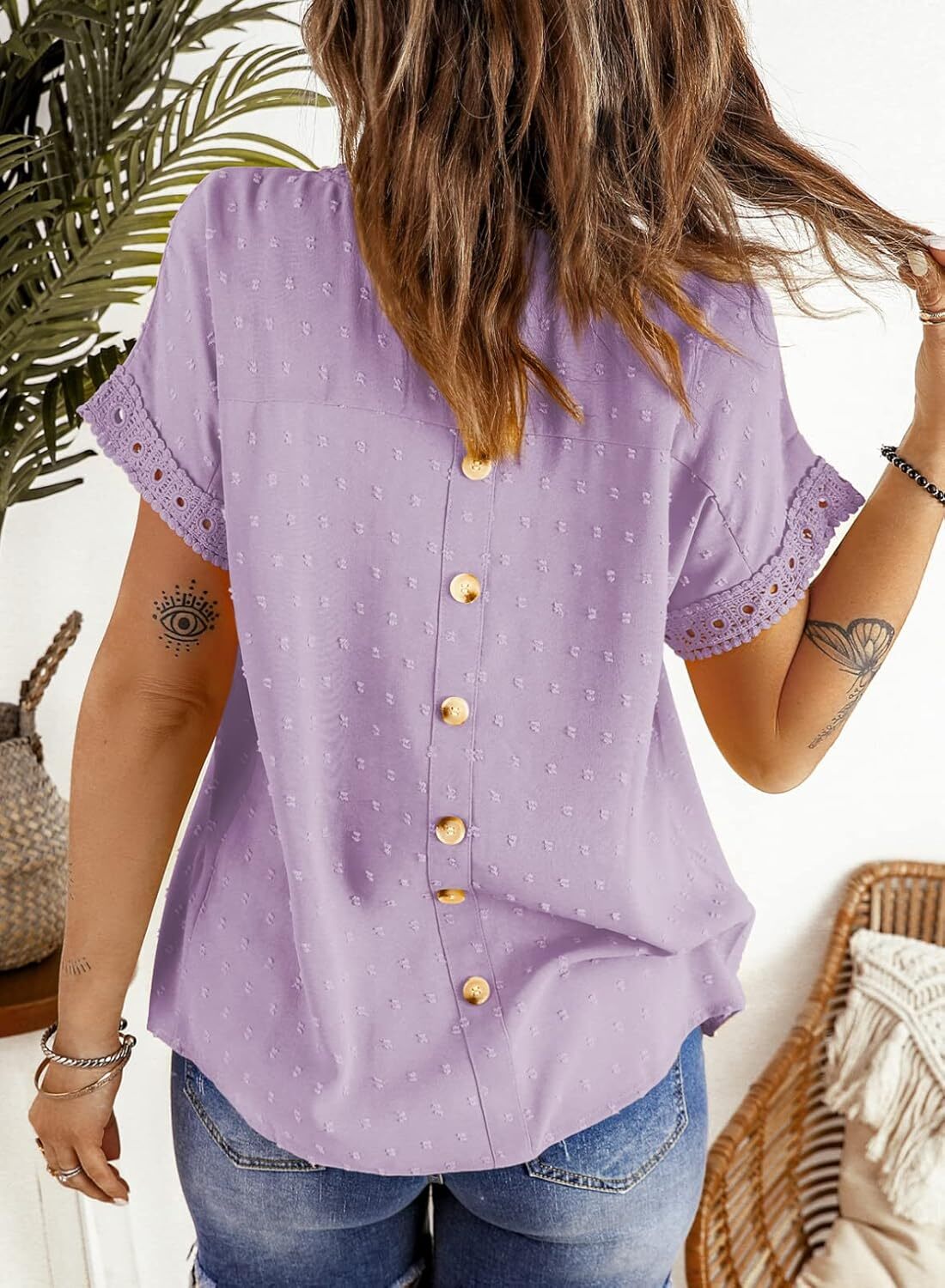 Dokotoo Womens Summer Tops Crewneck Lace Crochet Short Sleeve Shirts Casual Chiffon Blouses