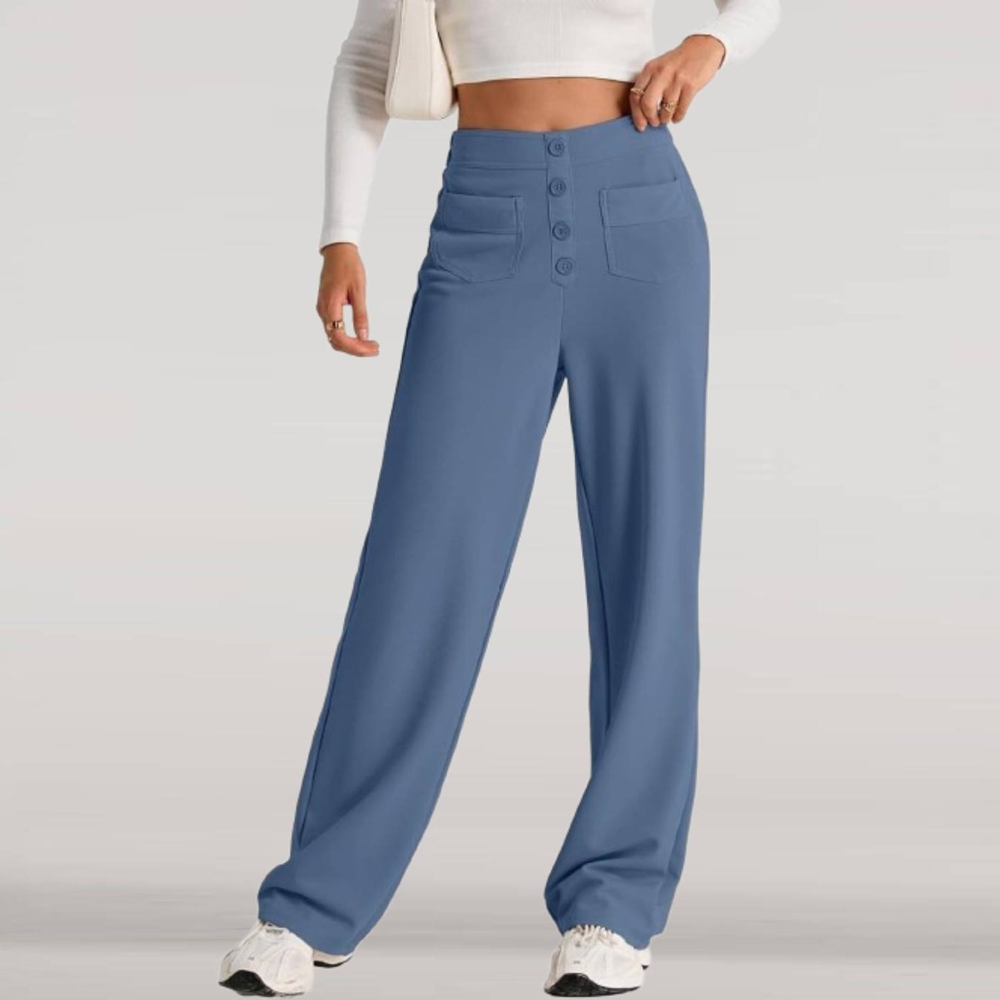 ⏰Womens High Waist Button Stretchy Work Pants Straight Leg Office Dress Pant Business Casual Trousers with Pocket