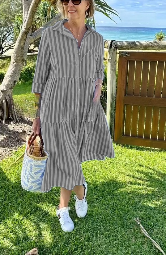 Shirt Collar Striped Print Dress