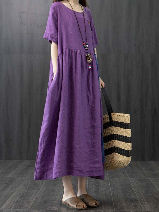 Solid Loose Lace Up Panel Pocket Dress