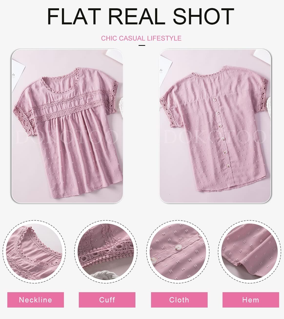 Dokotoo Womens Summer Tops Crewneck Lace Crochet Short Sleeve Shirts Casual Chiffon Blouses