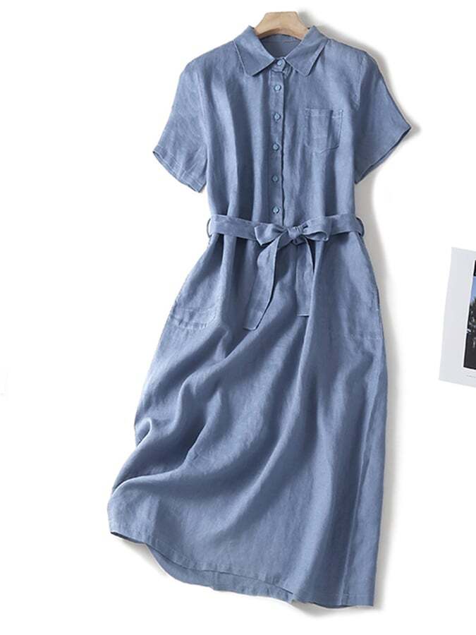 Cotton And Linen Solid Color Shirt Collar Belt Dress