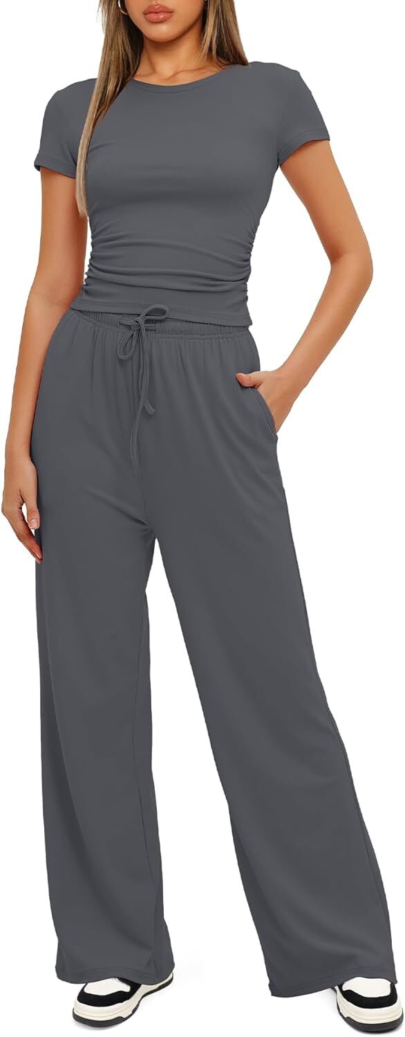 Darong Women's 2 Piece Outfits Lounge Sets Ruched Short Sleeve Tops and High Waisted Wide Leg Pants Tracksuit Sets