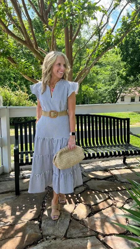 Summer Striped Lapel Button Down Shirt Dress