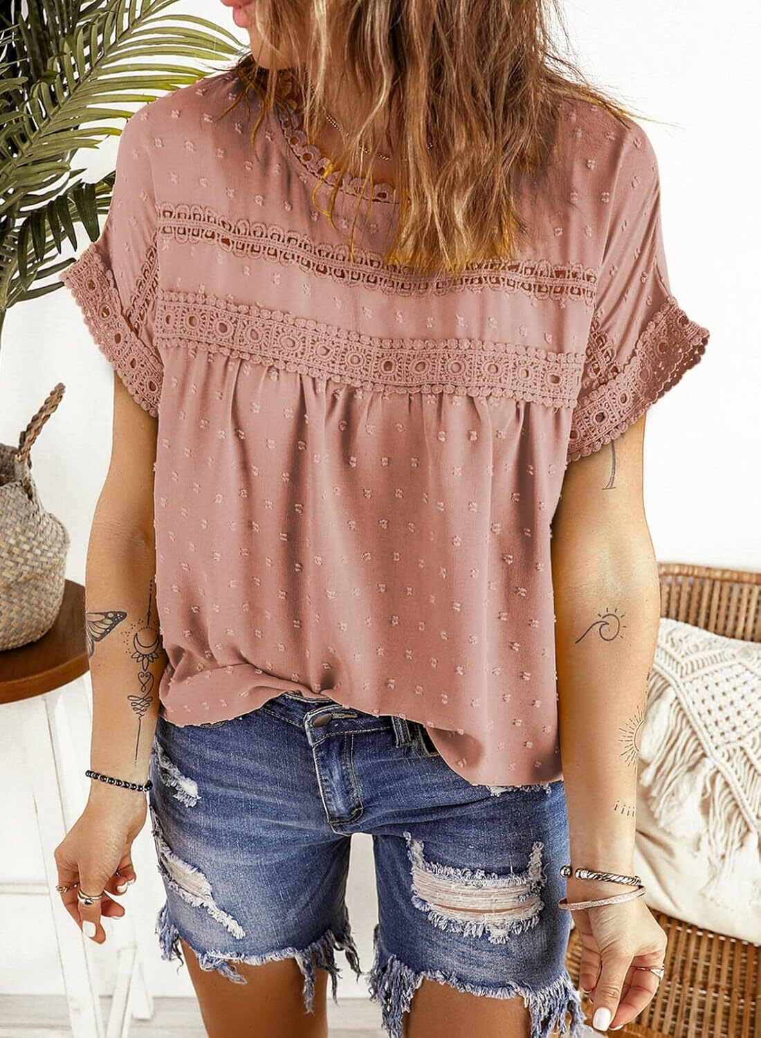 Dokotoo Womens Summer Tops Crewneck Lace Crochet Short Sleeve Shirts Casual Chiffon Blouses