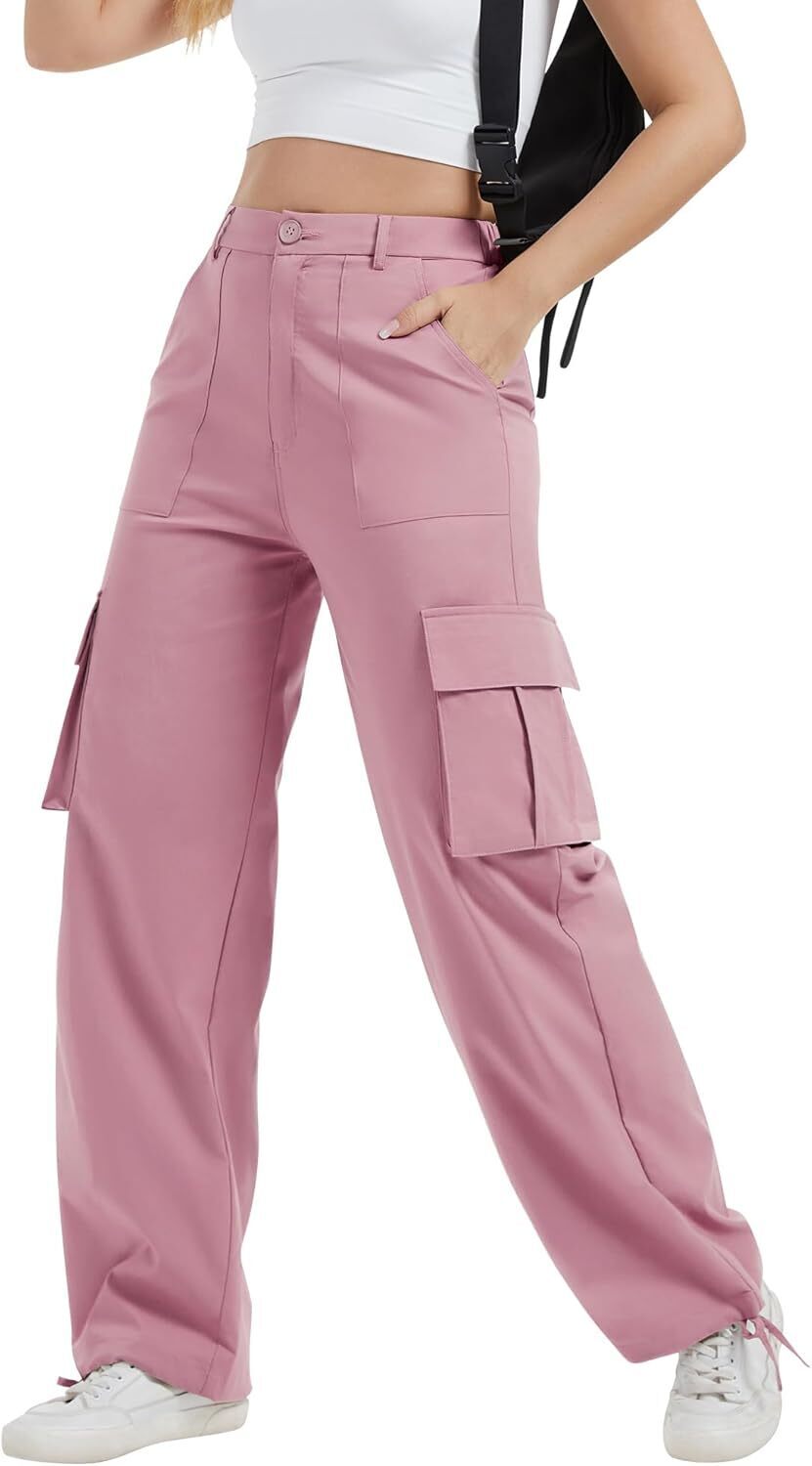 Women High Waisted Satin Cargo Pants Wide Leg Casual Pants multipocket model