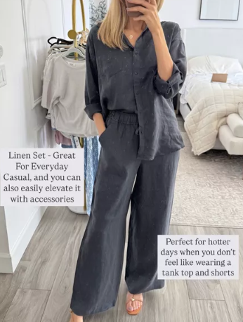 2025 New Everyday Casual Linen Button Two-Piece Set(Shirt + Pants)