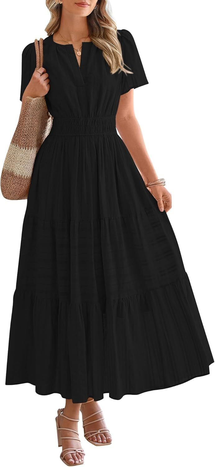 2025 Women's Spring And Summer Lightweight Short Sleeve V Casual Midi Maxi Dresses