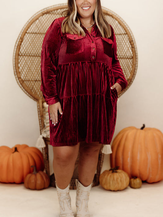Velvet Textured Collared Button Down Dress