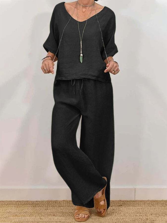 Women's Casual Linen V-Neck Half-Sleeve Pullover + Pants Two-Piece Set