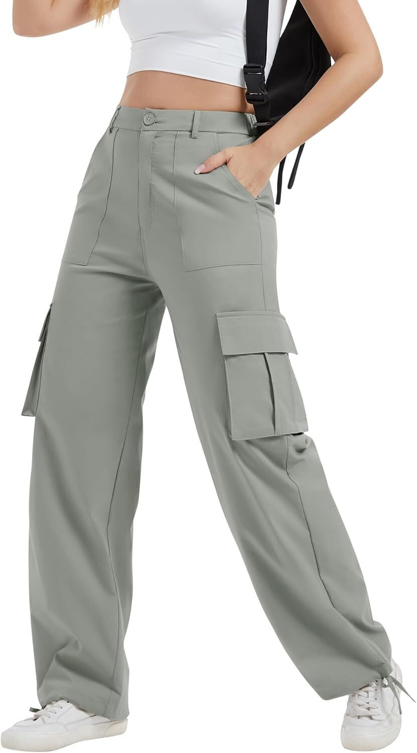 Women High Waisted Satin Cargo Pants Wide Leg Casual Pants multipocket model