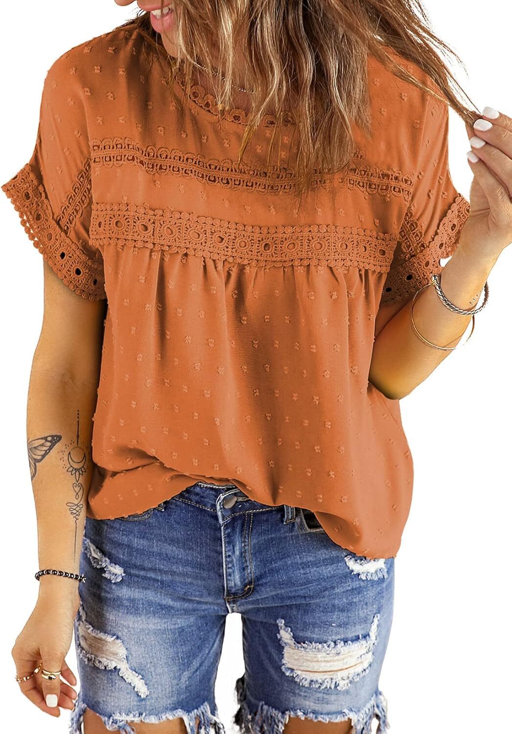 Dokotoo Womens Summer Tops Crewneck Lace Crochet Short Sleeve Shirts Casual Chiffon Blouses