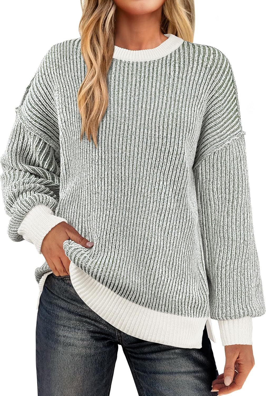 Womens Sweaters Crewneck Long Sleeve Color Block Pullover Loose Ribbed Knit Sweater Tops 2024 Fall Trendy Outfits