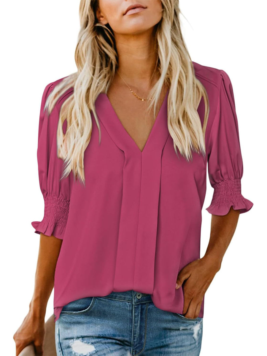 Women's V Neck Dressy Puff Ruffle Blouse Casua Short Sleeve Tops