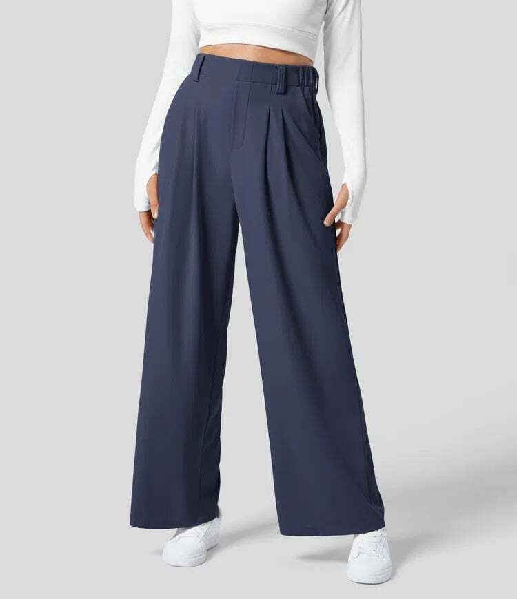 High Waisted Plicated Side Pocket Wide Leg Waffle Work Pants
