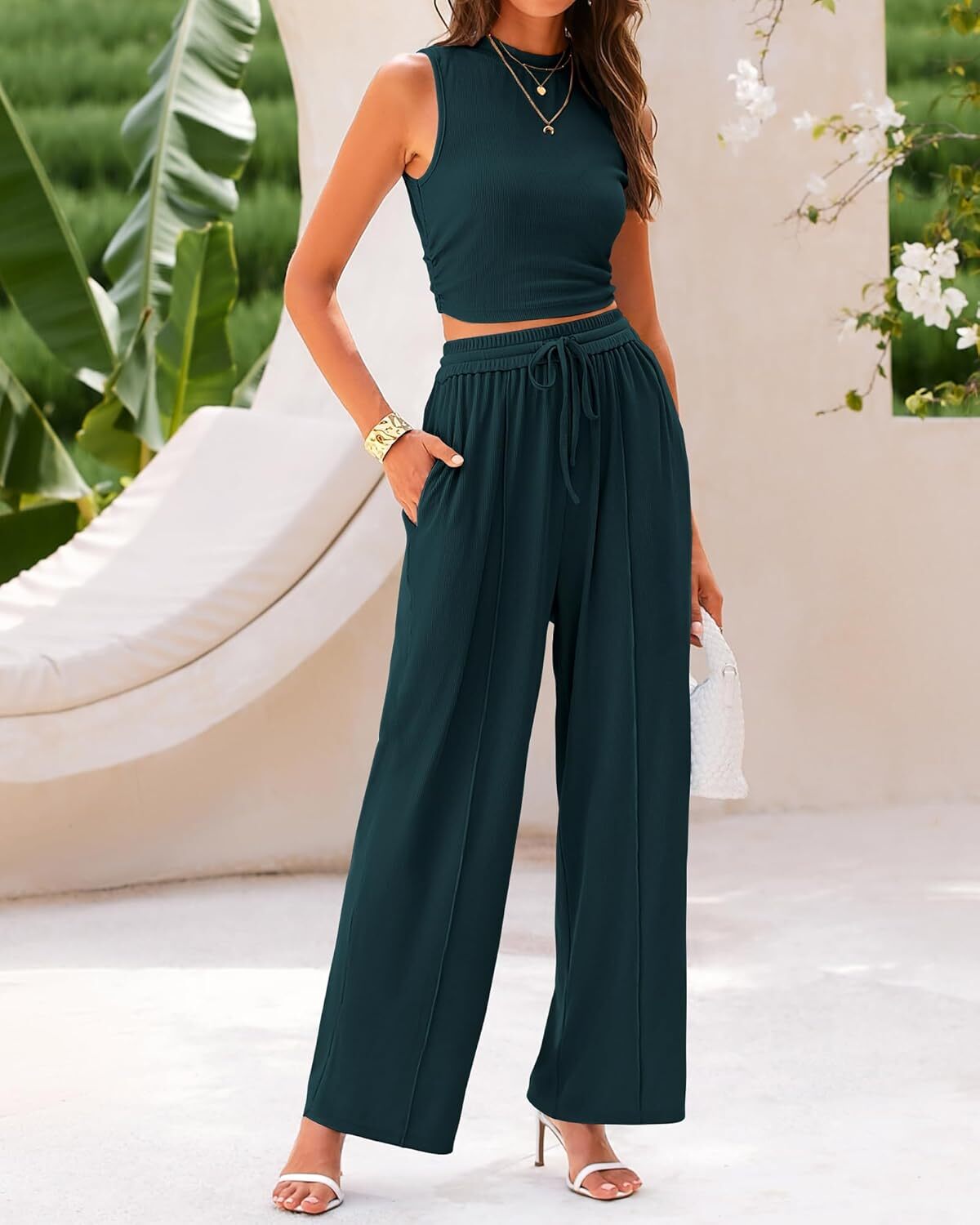Women's Summer Beach Round Neck Sleeveless Cropped Top Elastic Waist Wide Leg Pants Lounge Set
