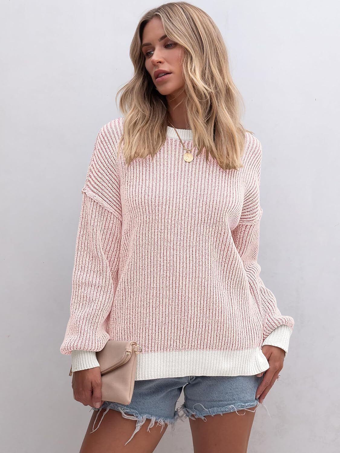 Womens Sweaters Crewneck Long Sleeve Color Block Pullover Loose Ribbed Knit Sweater Tops 2024 Fall Trendy Outfits