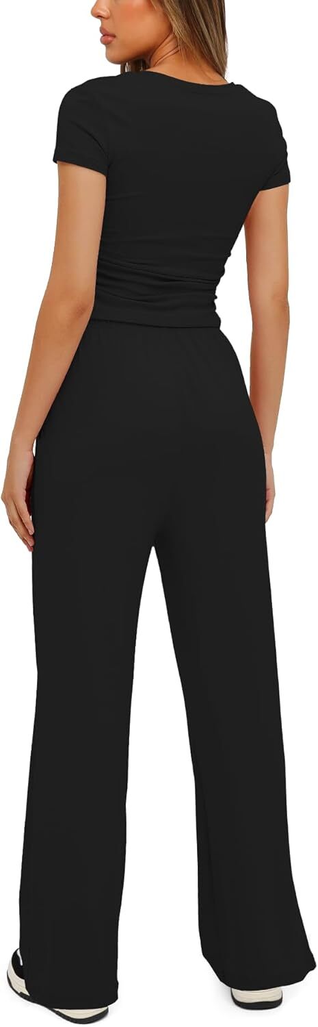 Darong Women's 2 Piece Outfits Lounge Sets Ruched Short Sleeve Tops and High Waisted Wide Leg Pants Tracksuit Sets