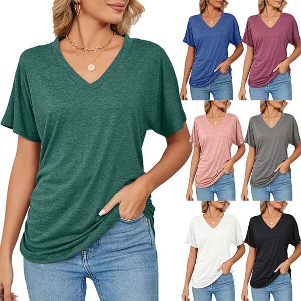 New Women's Solid Color V Neck Casual Tops