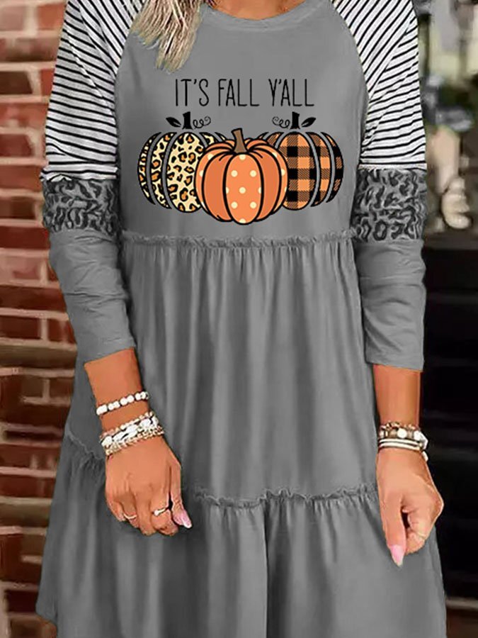 Casual Pumpkin Print Long Sleeve Dress
