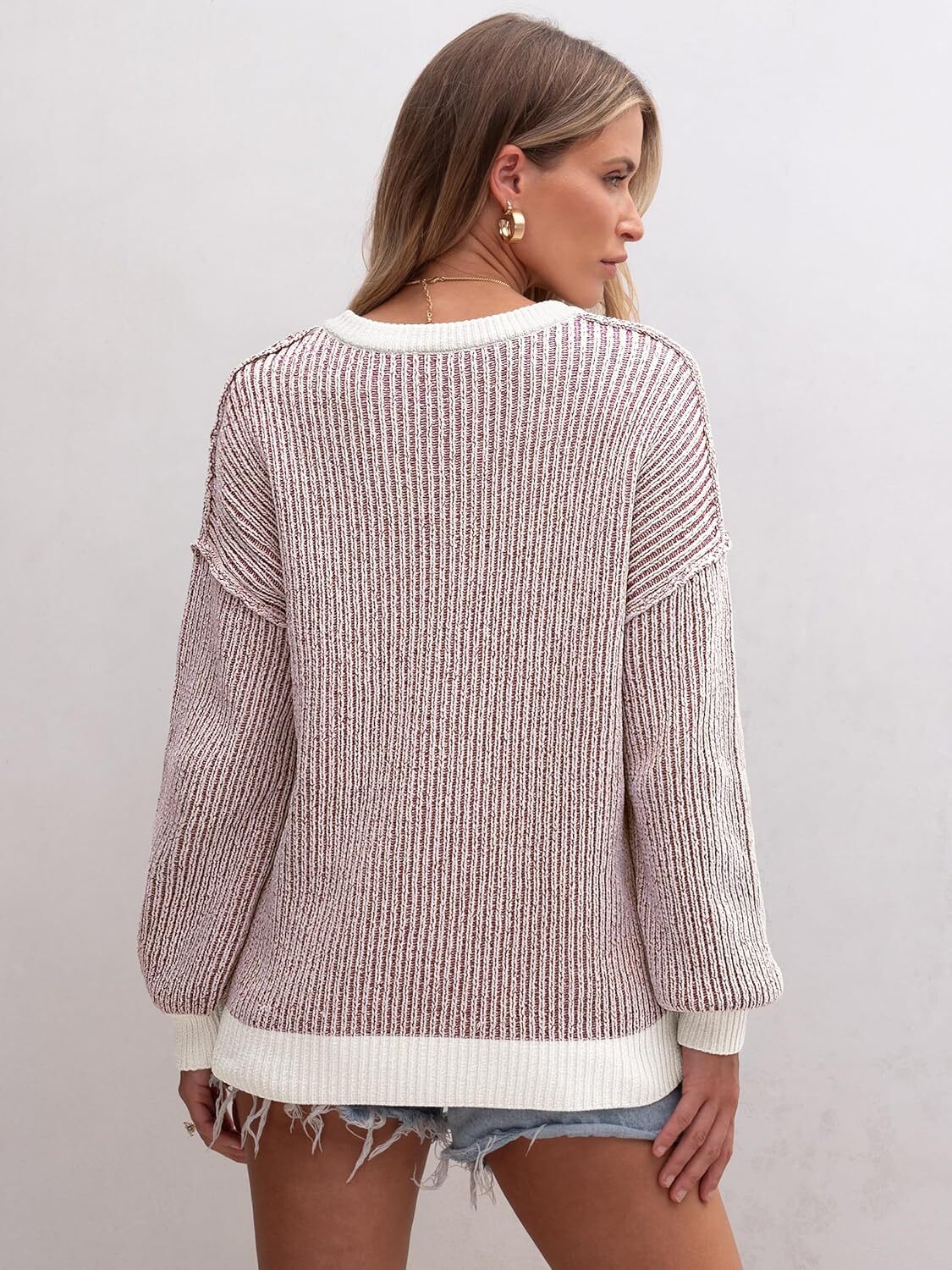 Womens Sweaters Crewneck Long Sleeve Color Block Pullover Loose Ribbed Knit Sweater Tops 2024 Fall Trendy Outfits