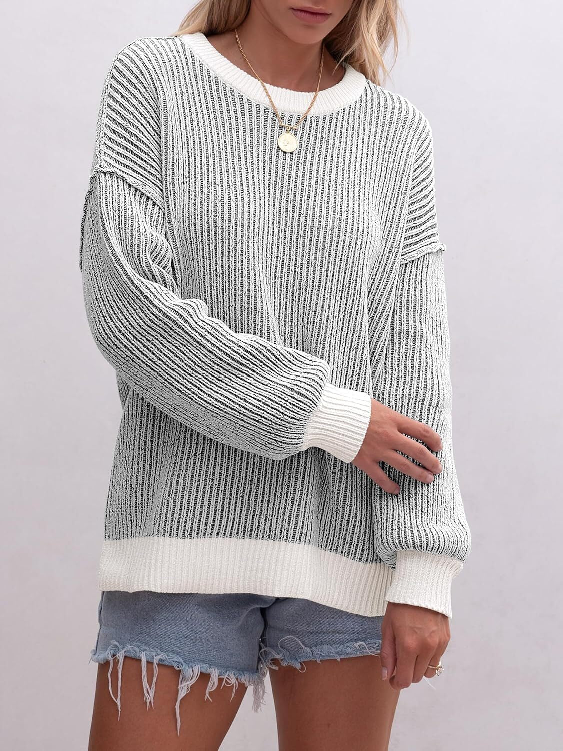 Womens Sweaters Crewneck Long Sleeve Color Block Pullover Loose Ribbed Knit Sweater Tops 2024 Fall Trendy Outfits