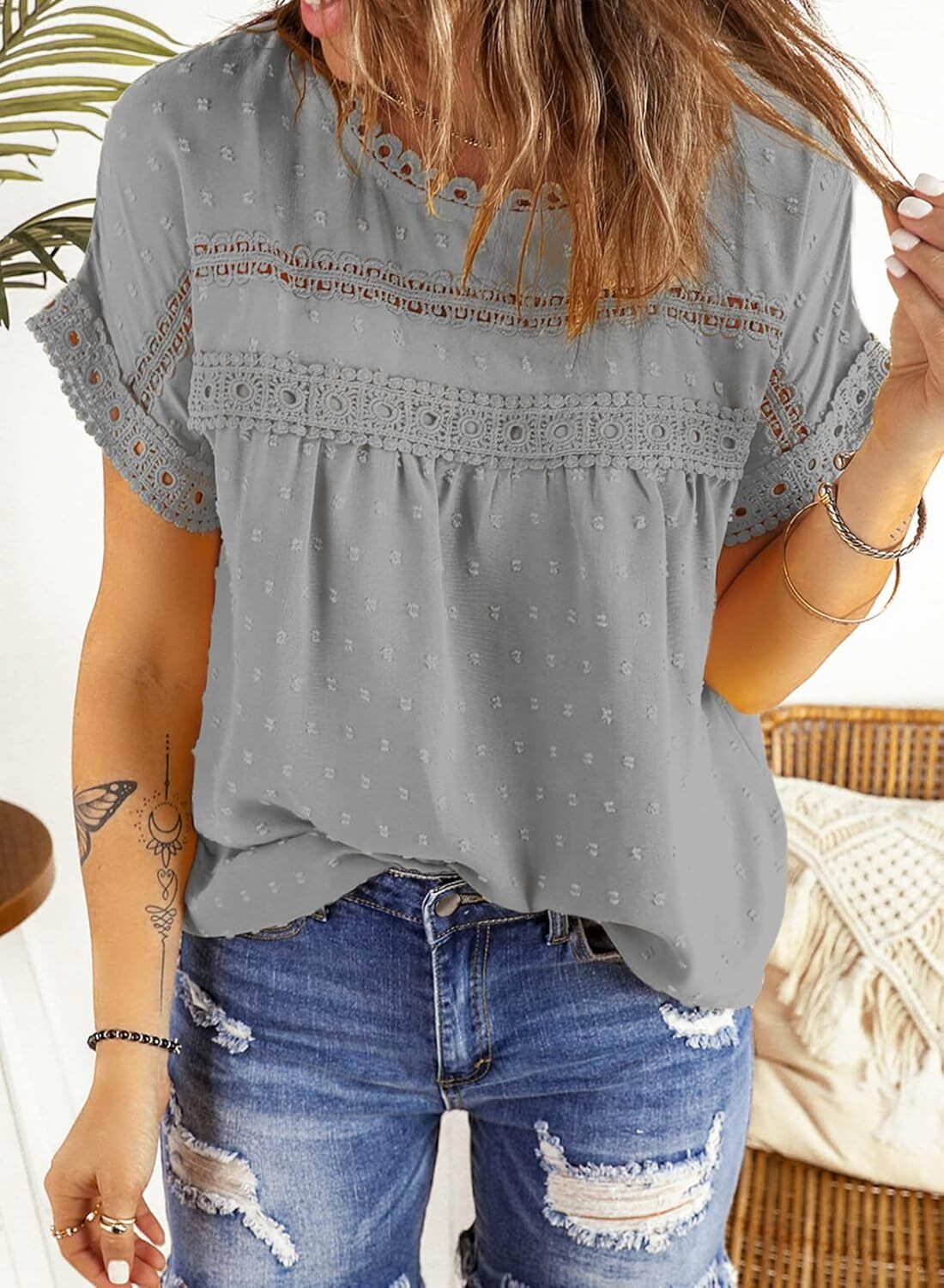 Dokotoo Womens Summer Tops Crewneck Lace Crochet Short Sleeve Shirts Casual Chiffon Blouses