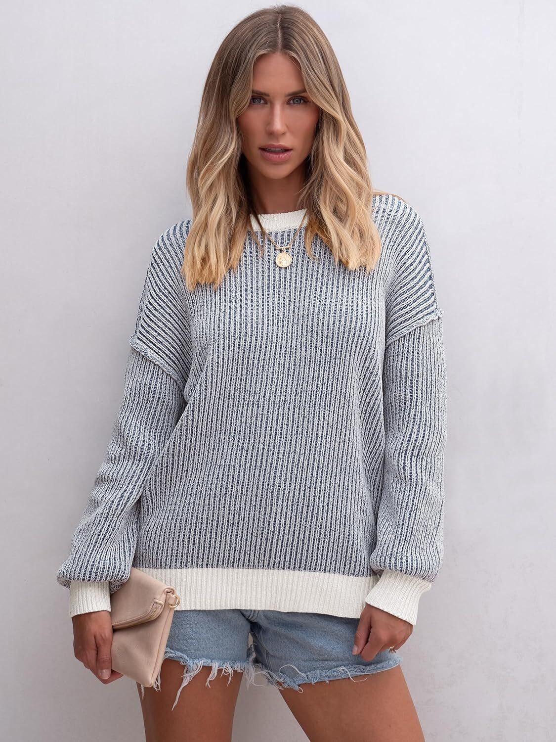 Womens Sweaters Crewneck Long Sleeve Color Block Pullover Loose Ribbed Knit Sweater Tops 2024 Fall Trendy Outfits