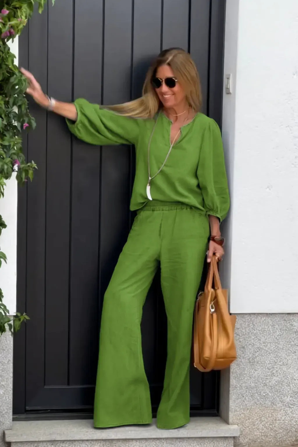 New Arrivals Women's Linen Long Sleeve V-Neck Set (Top + Pants)