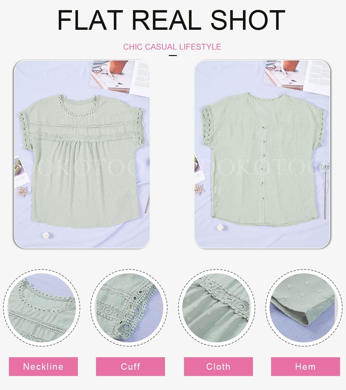 Dokotoo Womens Summer Tops Crewneck Lace Crochet Short Sleeve Shirts Casual Chiffon Blouses