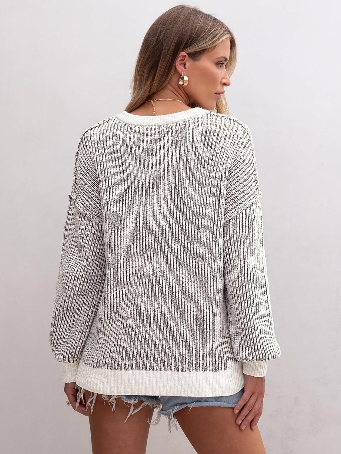 Womens Sweaters Crewneck Long Sleeve Color Block Pullover Loose Ribbed Knit Sweater Tops 2024 Fall Trendy Outfits