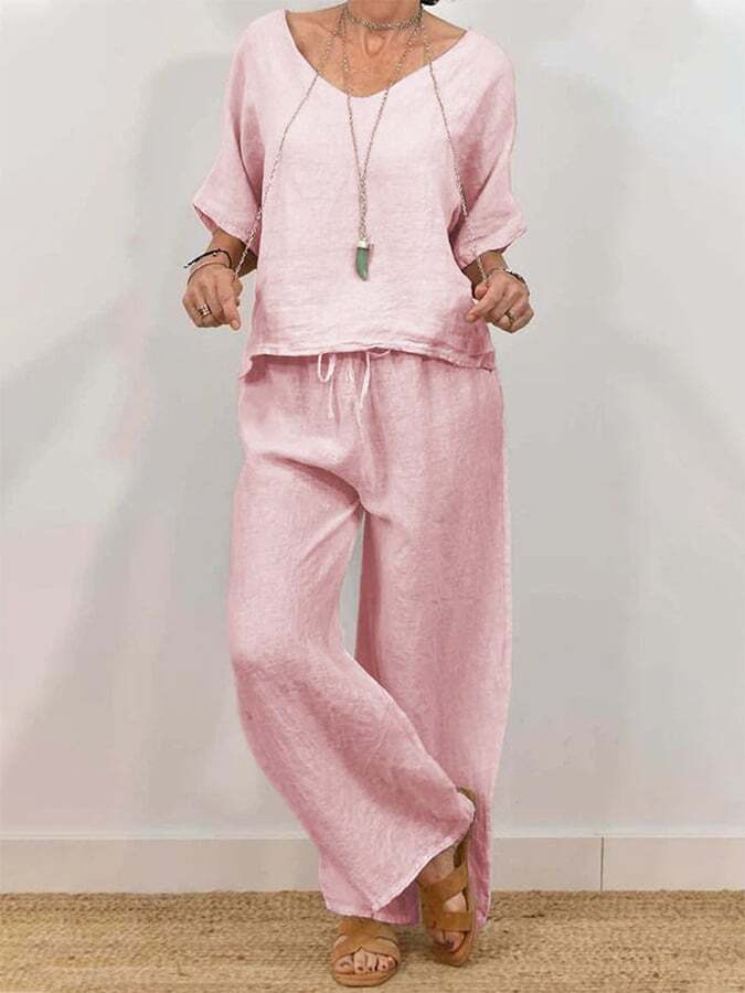 Women's Casual Linen V-Neck Half-Sleeve Pullover + Pants Two-Piece Set