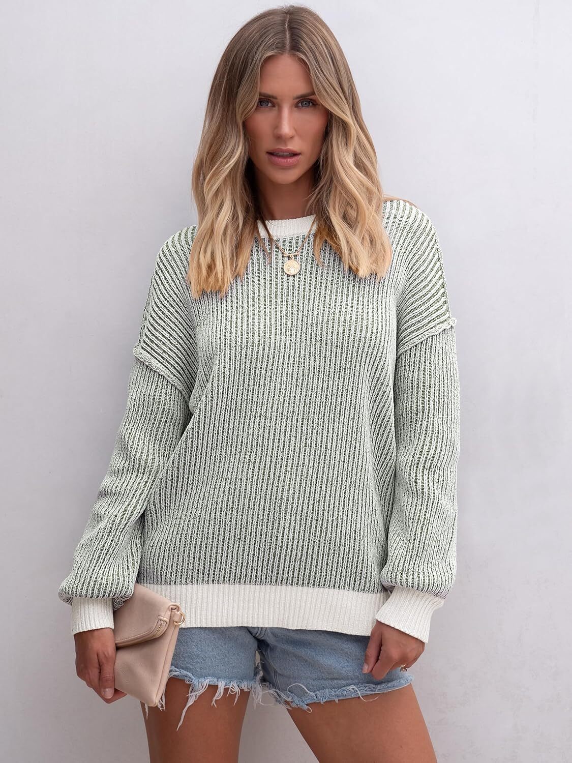 Womens Sweaters Crewneck Long Sleeve Color Block Pullover Loose Ribbed Knit Sweater Tops 2024 Fall Trendy Outfits