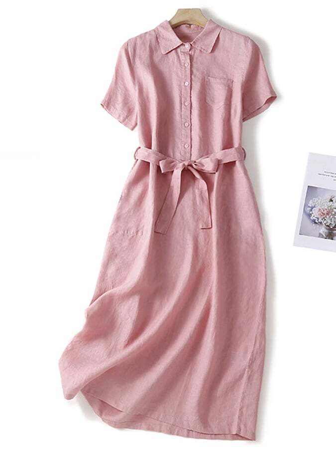 Cotton And Linen Solid Color Shirt Collar Belt Dress
