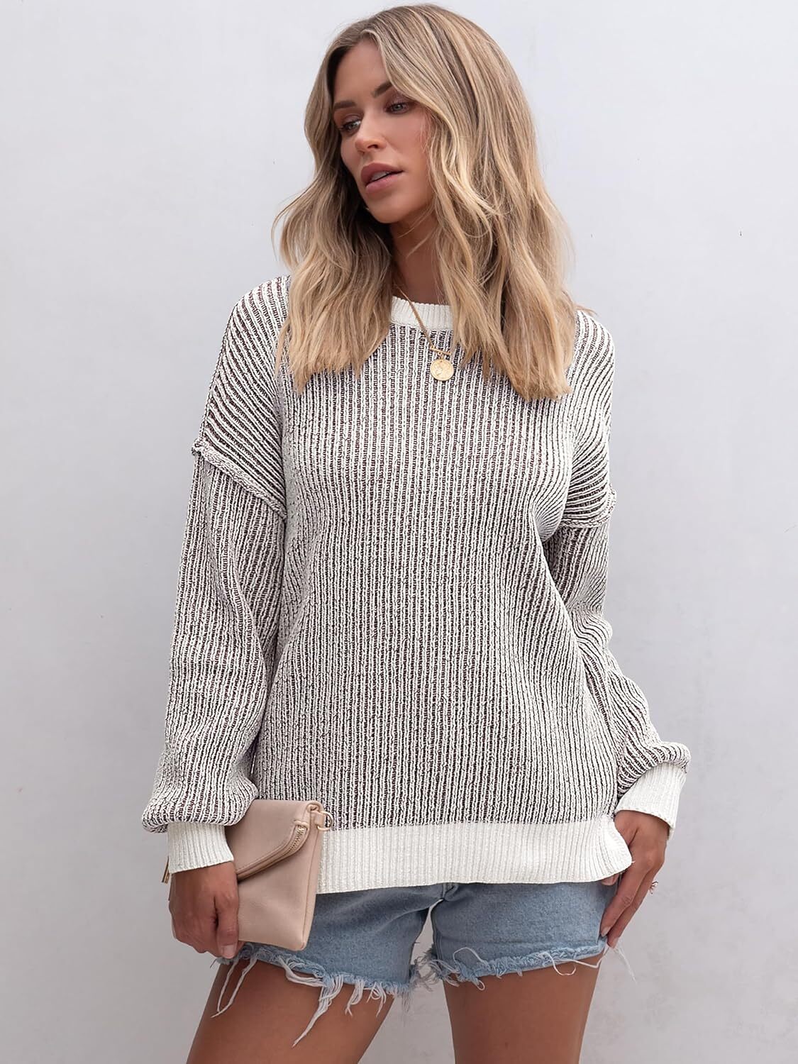 Womens Sweaters Crewneck Long Sleeve Color Block Pullover Loose Ribbed Knit Sweater Tops 2024 Fall Trendy Outfits